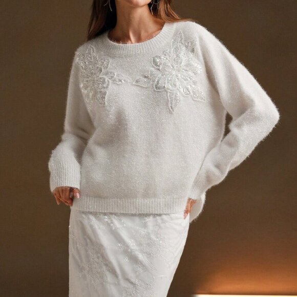White Casual Women's Elegant Sequin Floral Round Neck Loose Sweater - Picture 3 of 8